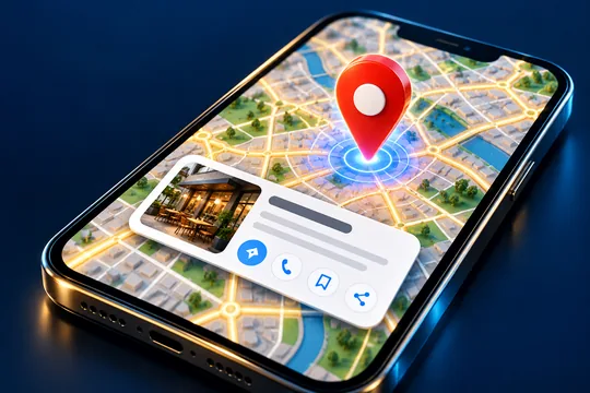 Phone illustrating a local map and business location pin