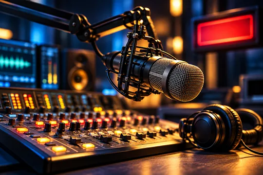 Broadcast microphone, headphones and mixing console