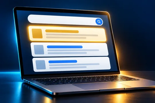 Laptop illustrating search results with a highlighted placement
