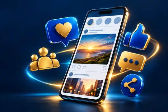 Phone illustrating a social feed and interaction symbols