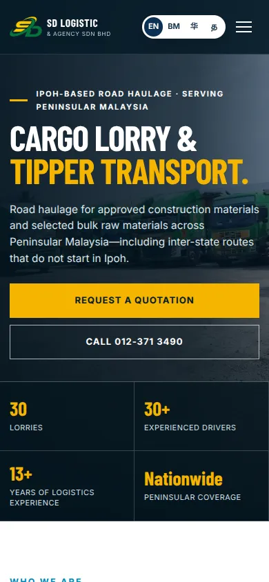 Real mobile screenshot of the SD Logistic Agency website with transport services and quotation buttons