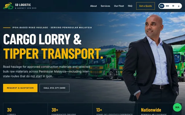 SD Logistic Agency website showing its transport services