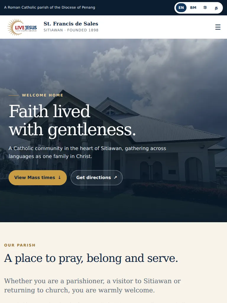 Real tablet screenshot of the SFDS Sitiawan parish website